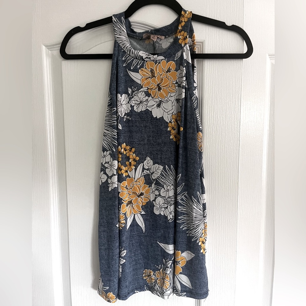 Blue and yellow floral flowy tank